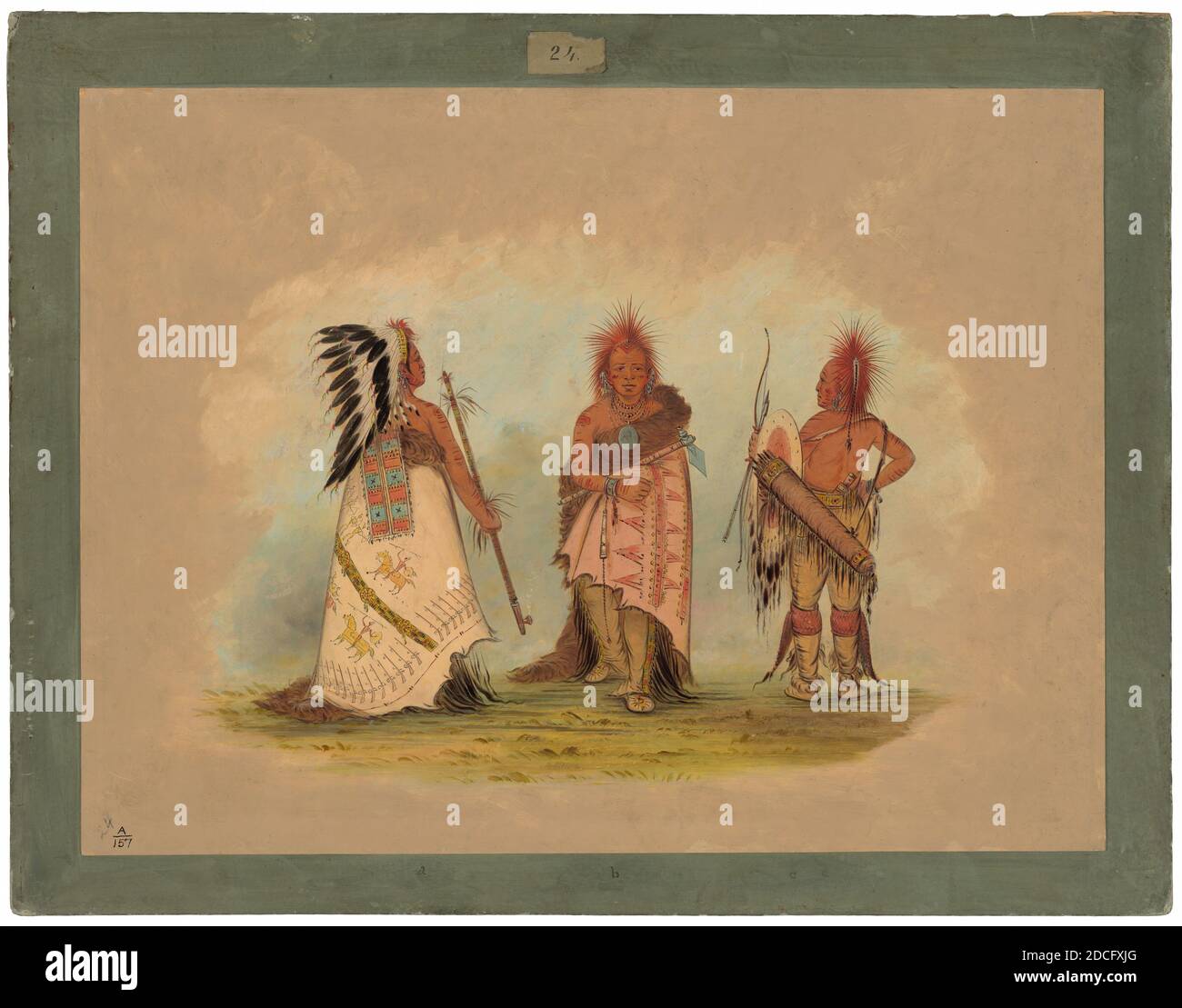 George Catlin, (Künstler), Amerikaner, 1796 - 1872, A Pawnee Chief with Two Warriors, 1861/1869, Öl auf Karton, insgesamt: 50 x 61.8 cm (19 11/16 x 24 5/16 Zoll Stockfoto