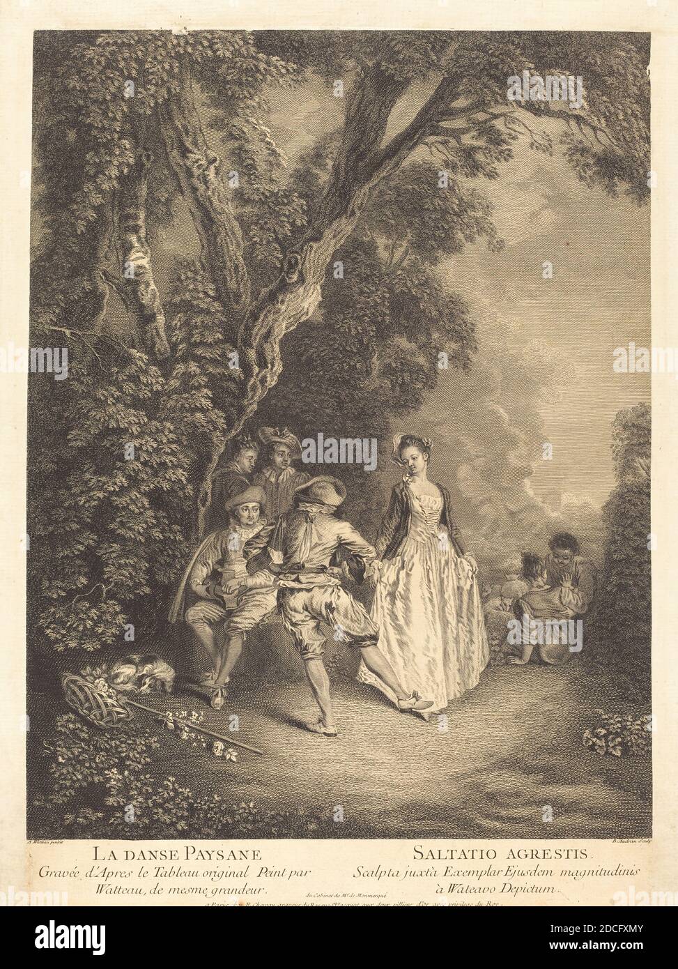Benoît Audran II, (Künstler), Französisch, 1698 - 1772, Antoine Watteau, (Künstler nach), Französisch, 1684 - 1721, der Bauerntanz, Gravur und Radierung Stockfoto