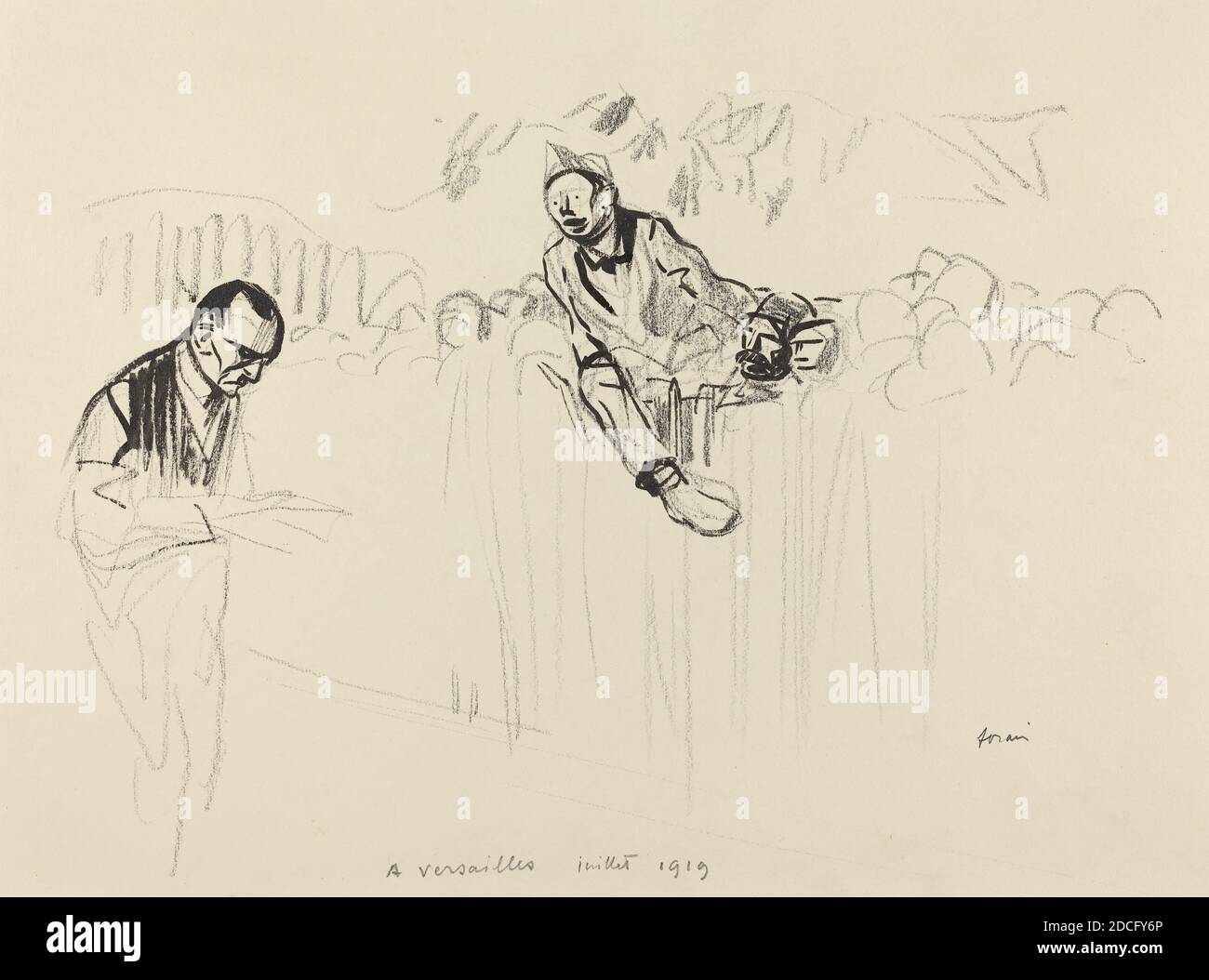 Jean-Louis Forain, (Künstler), französisch, 1852 - 1931, A Versailles Juillet 1919, wahrscheinlich 1919, Pinsel und schwarze Tinte und schwarzer Buntstift auf Webepapier, insgesamt: 37.6 x 51.4 cm (14 13/16 x 20 1/4 Zoll Stockfoto