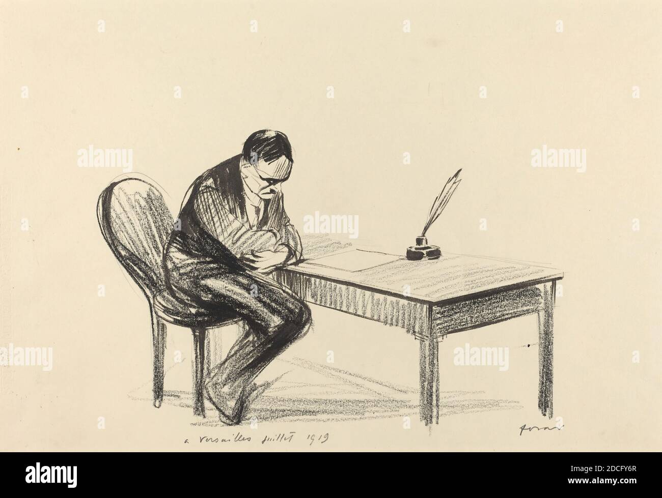 Jean-Louis Forain, (Künstler), französisch, 1852 - 1931, A Versailles Juillet 1919, wahrscheinlich 1919, Pinsel und schwarze Tinte und schwarzer Buntstift auf Webepapier, insgesamt: 38 x 51.5 cm (14 15/16 x 20 1/4 Zoll Stockfoto