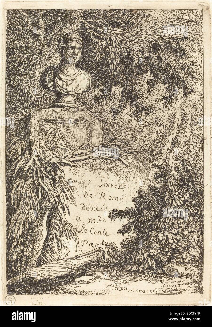 Hubert Robert, (Künstler), Französisch, 1733 - 1808, The Portrait Bust, Les Soirees de Rome (Abende in Rom): pl.2, (Serie), 1764, Radierung auf Büttenpapier, Platte: 13.7 x 9.3 cm (5 3/8 x 3 11/16 Zoll), Blatt: 17.4 x 12.6 cm (6 7/8 x 4 15/16 Zoll Stockfoto