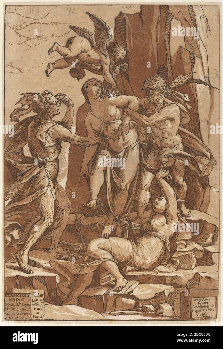 Andrea Andreani, (Künstler), Italienisch, 1558/1559 - 1629, Jacopo Ligozzi, (Künstler nach), Italienisch, 1547 - 1627, Allegorie der Tugend, 1585, Holzschnitt Chiaroscuro, Bild: 47.5 × 32.1 cm (18 11/16 × 12 5/8 in.), Blatt: 48.3 × 33 cm (19 × 13 in Stockfoto