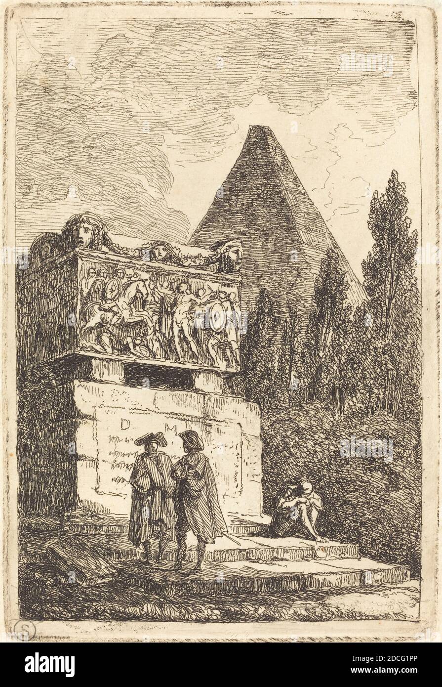 Hubert Robert, (Künstler), Französisch, 1733 - 1808, der Sarkophag, Les Soirees de Rome (Abende in Rom): pl.6, (Serie), 1763/1764, Radierung auf Büttenpapier, Platte: 13.8 x 9.3 cm (5 7/16 x 3 11/16 Zoll), Blatt: 17.6 x 13.8 cm (6 15/16 x 5 7/16 Zoll Stockfoto