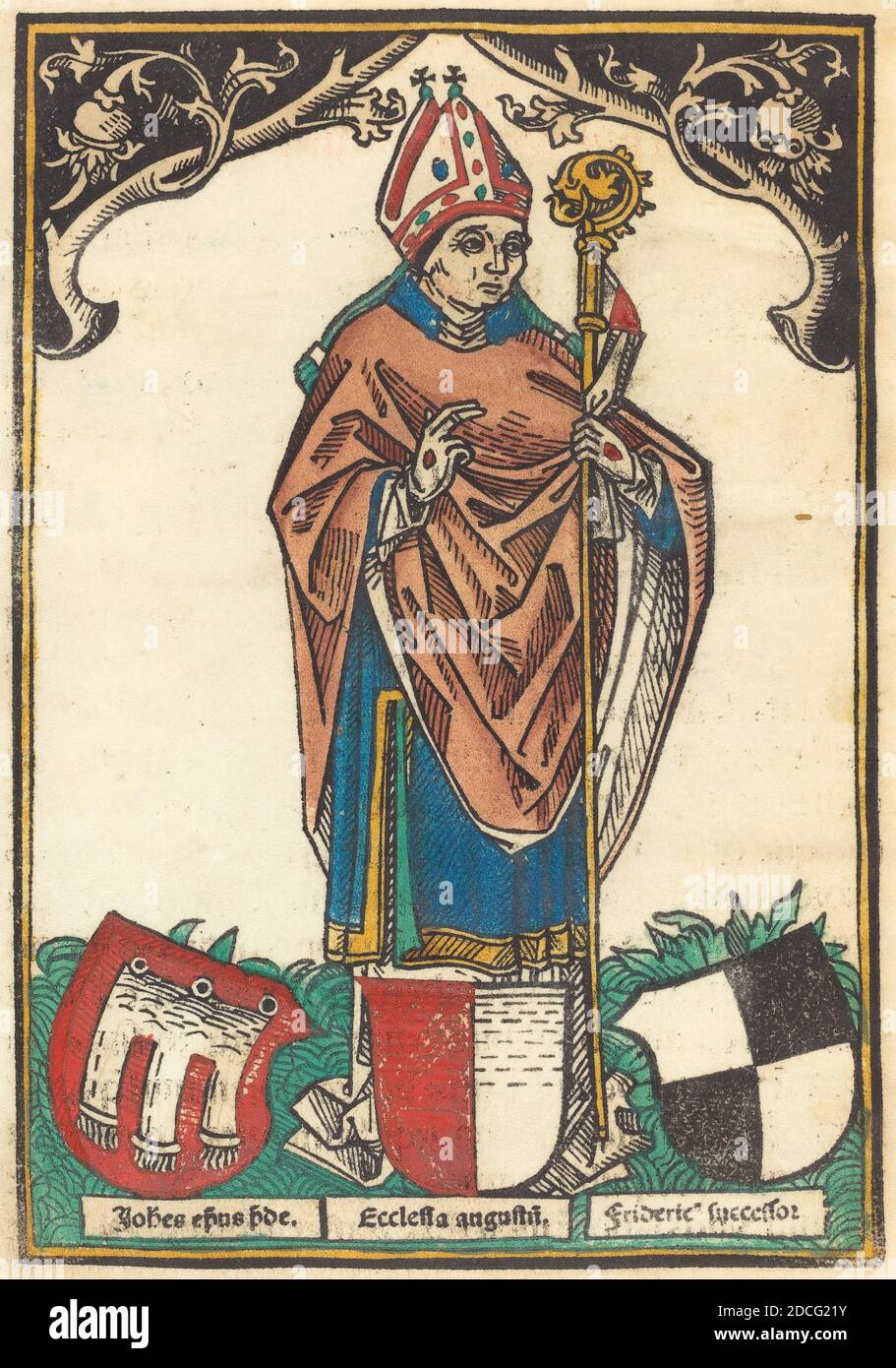 Deutsch 15. Jahrhundert, (Künstler), Bischof von Augsburg mit drei Mäntel der Waffen, c. 1485, handkolorierter Holzschnitt Stockfoto