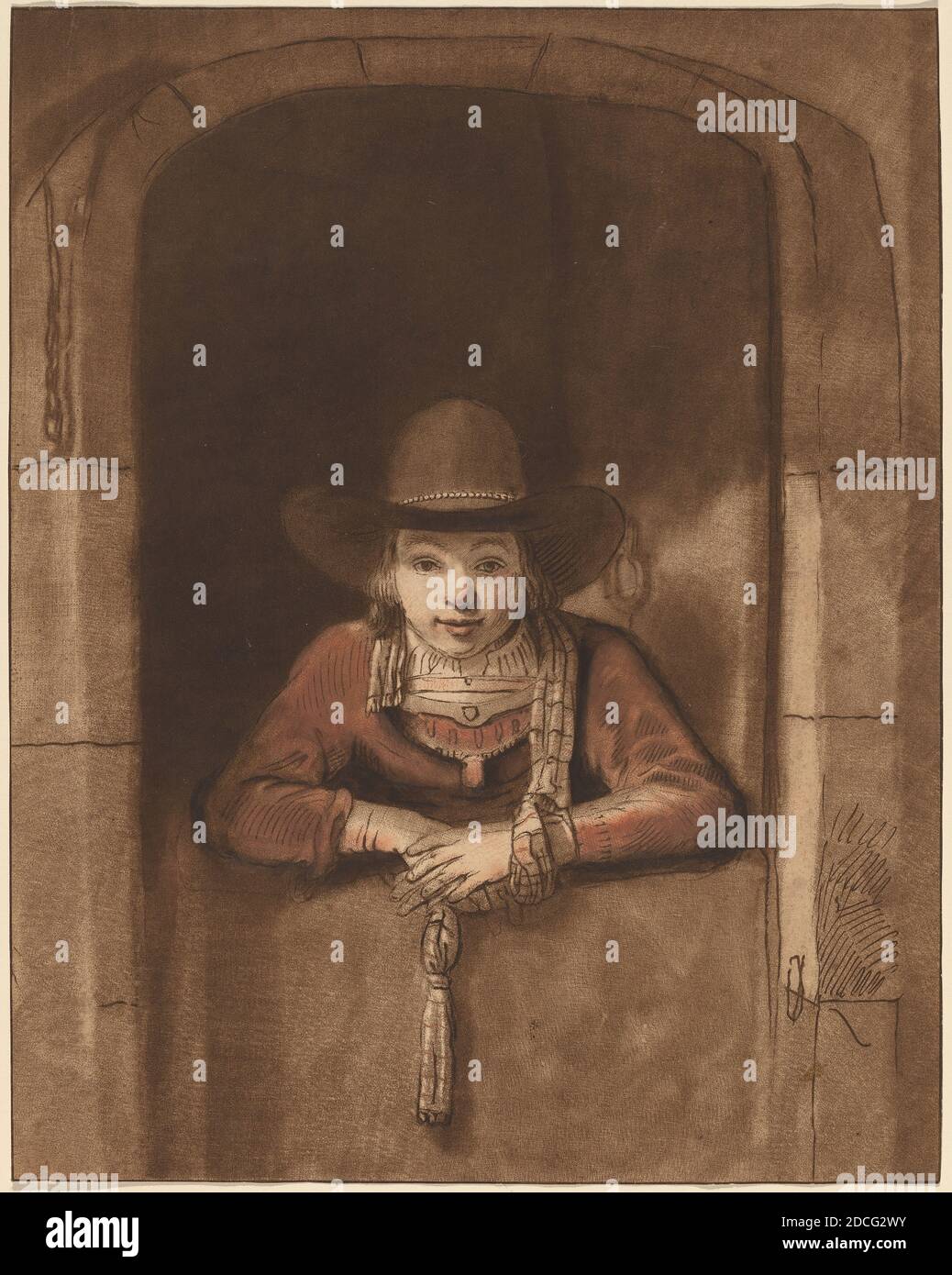 Cornelis Ploos van Amstel, (Künstler), Niederländisch, 1726 - 1798, Samuel van Hoogstraten, (Künstler nach), Niederländisch, 1627 - 1678, Rembrandt van Rijn, (Künstler nach), Niederländisch, 1606 - 1669, Boy Leaning over a Lower Door, 1763, veröffentlicht 1765, Radierung und Roulette gedruckt in brauner Tinte auf Papier gelegt und handfarbig mit roter Kreide, Blatt: 23.8 × 18.7 cm (9 3/8 × 7 3/8 in.) in Plattenmark geschnitten Stockfoto