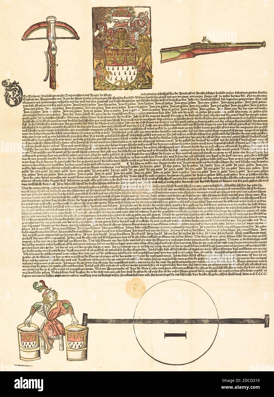 Deutsch 16. Jahrhundert, (Künstler), Broadside: Eine Einladung zu einem Rüstungswettbewerb, in oder nach 1501, Holzschnitt, handfarbig, mit beweglicher Schrift auf zwei zusammengehängten Papierblättern Stockfoto