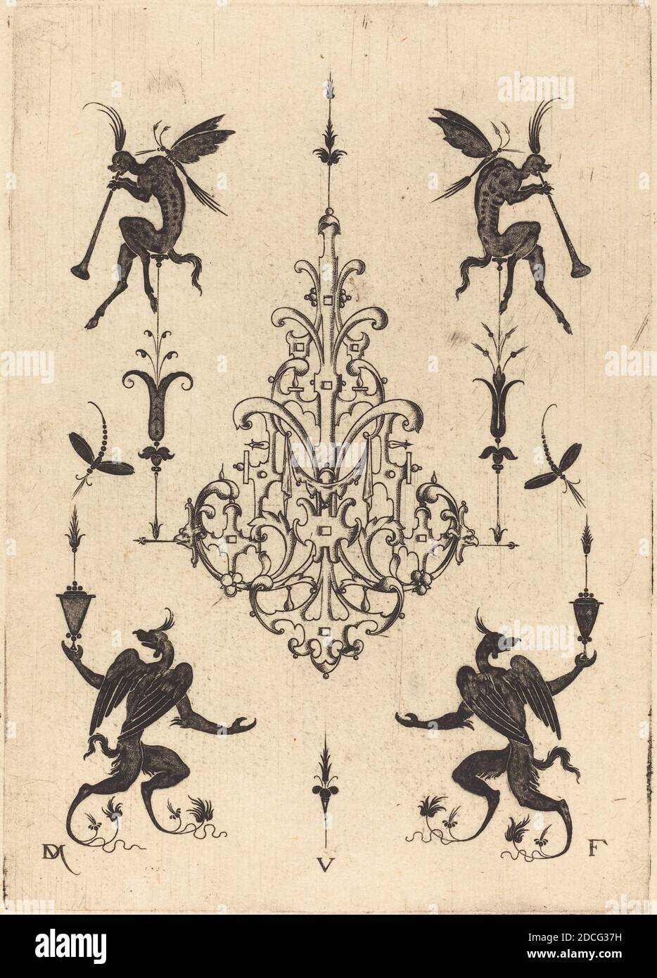 Daniel Mignot, (Künstler), deutsch, aktiv 1593/1596, Brosche mit Fantasy-Kreaturen, die oben Hörner blasen und geflügelten Griffinen unten, Broschen: pl.5, (Serie), 1596, Gravur Stockfoto
