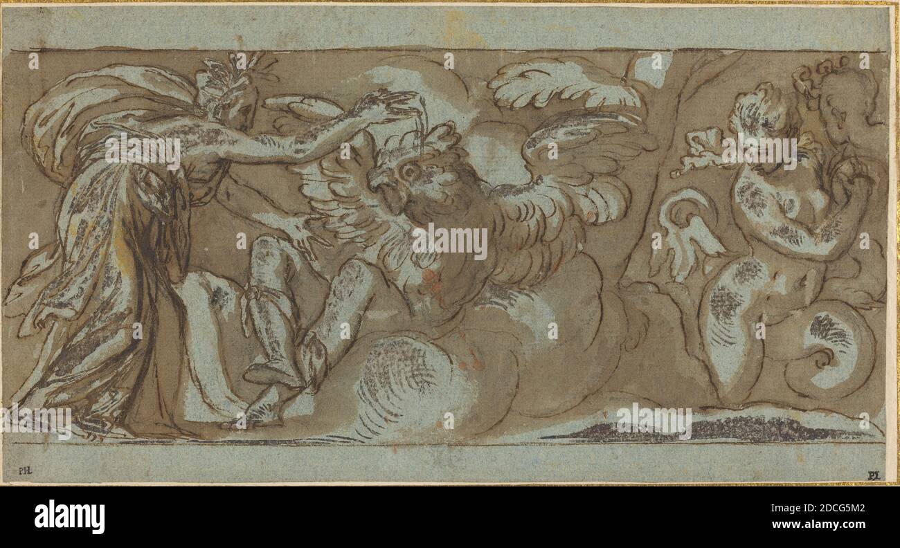 Paolo Farinati, (Künstler), Veronese, 1524 - 1606, Ceres Changing Ascalaphus into a Bird of Evil Omen, Feder und braune Tinte mit brauner Waschung, erhöht mit Weiß auf blauem Papier, insgesamt (ca.): 15 x 28.2 cm (5 7/8 x 11 1/8 Zoll), Ständer: 20.7 x 33.6 cm (8 1/8 x 13 1/4 Zoll Stockfoto