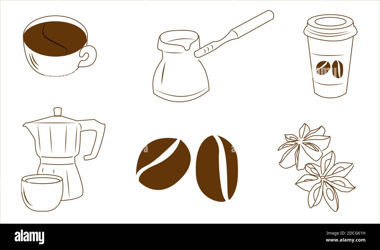 Kaffeeset auf weißem Hintergrund, isoliert im Format eps 10. Stock Vektor