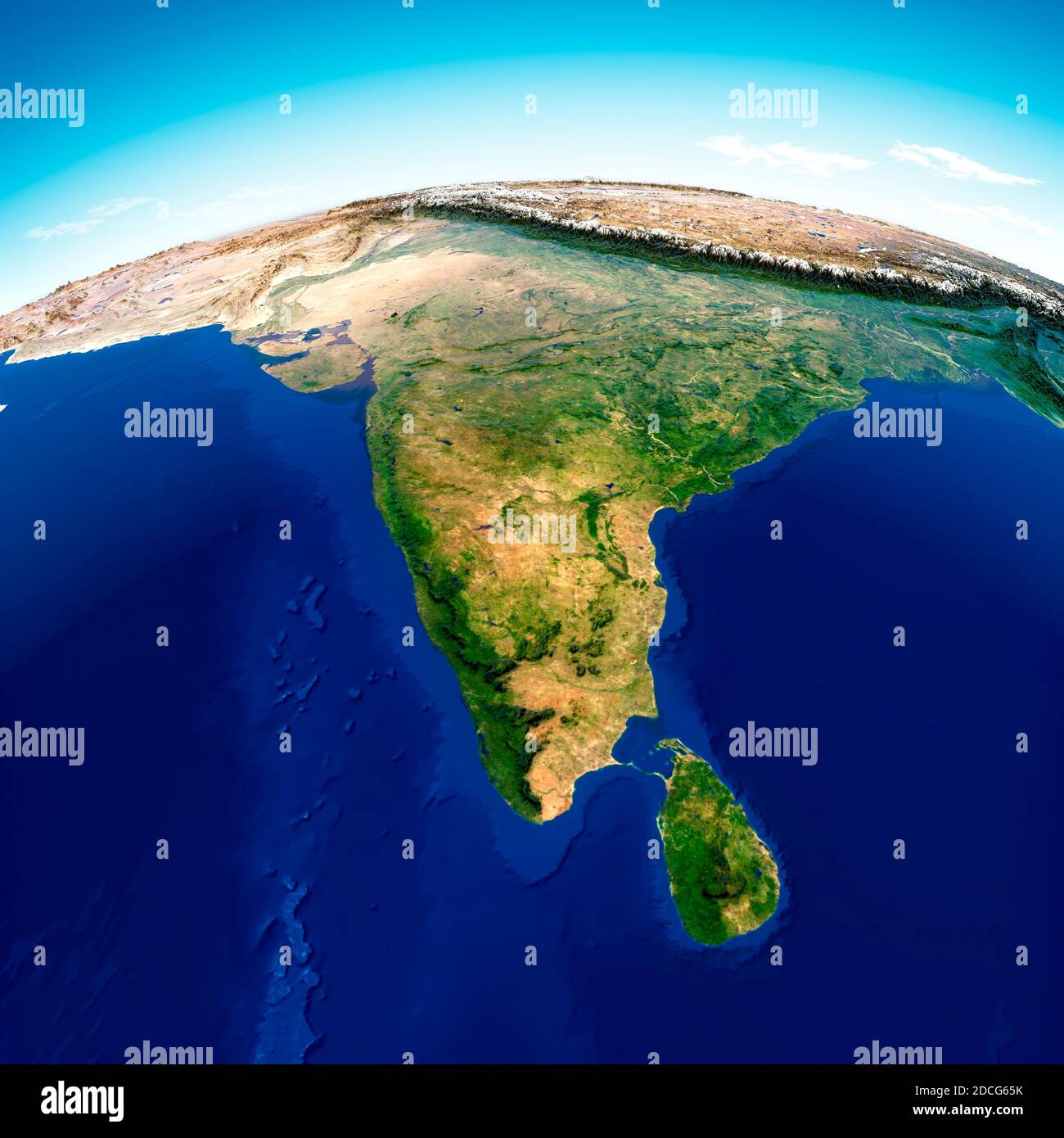 Weltkarte von Asien, Satellitenansicht, geographische Karte, Physik. Kartographie, Reliefatlas. 3d-Rendering. Indien, Sri Lanka, Pakistan, Nepal und Himalaya Stockfoto