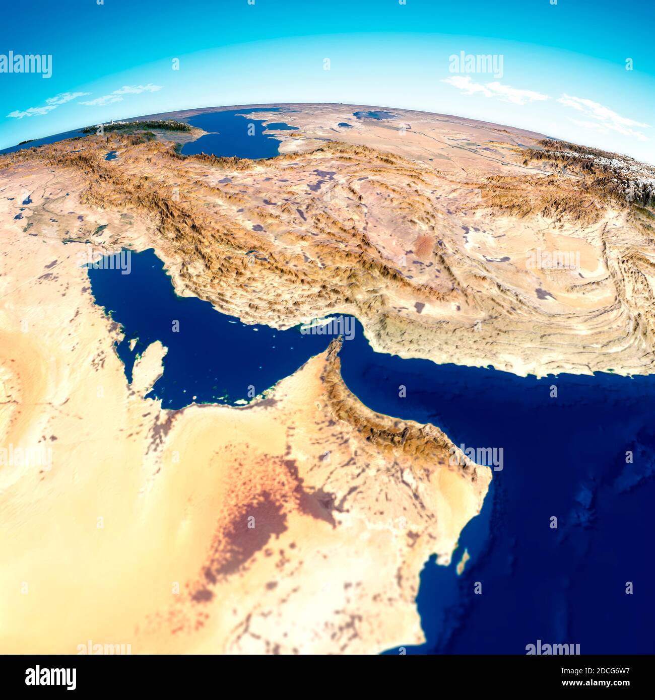 Straße von Hormuz. Karte des Nahen Ostens, des Persischen Golfs und des Indischen Ozeans, die über die Straße von Hormuz verbunden sind. Satellitenansicht des Iran, VAE Stockfoto