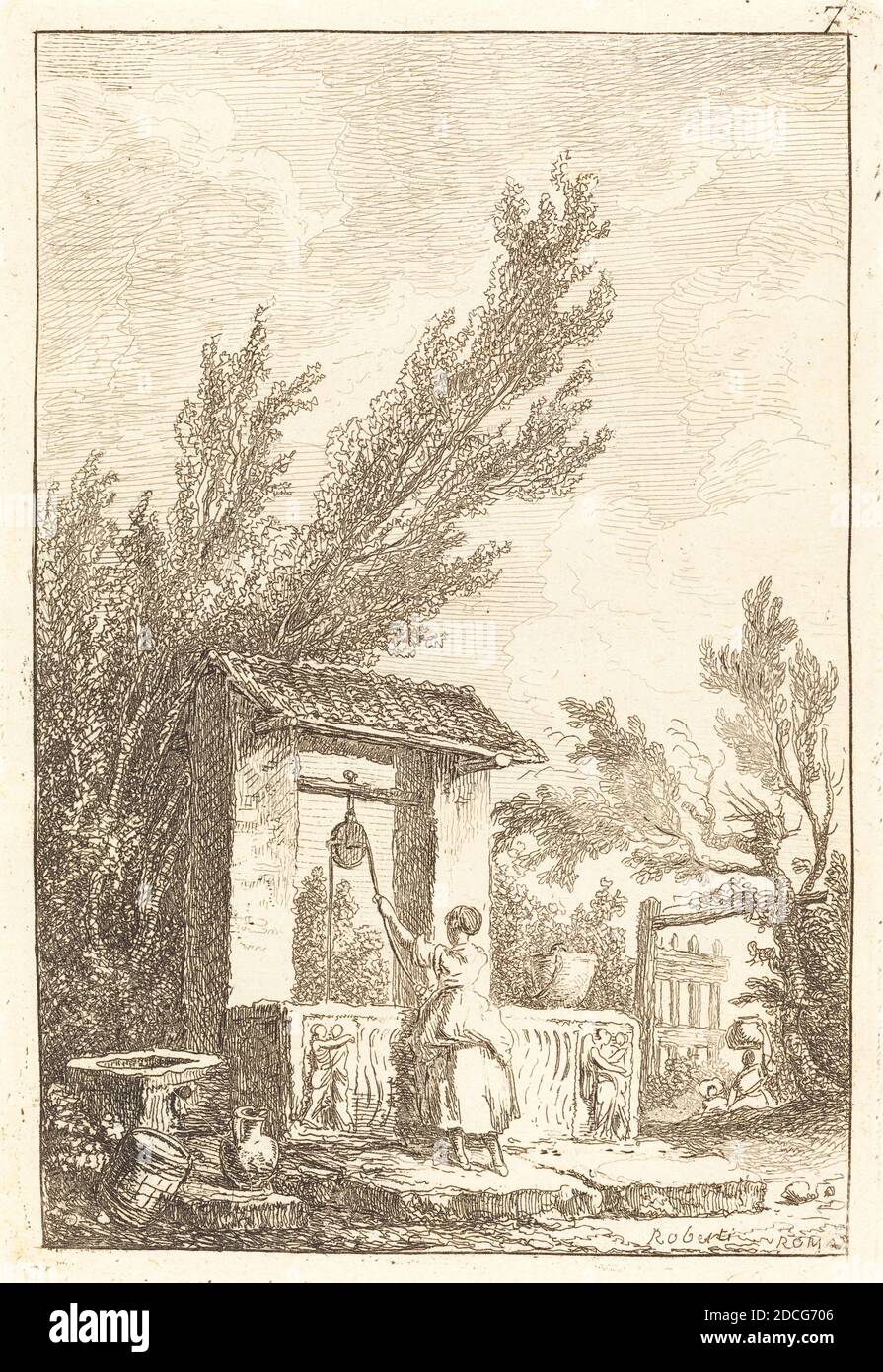 Hubert Robert, (Künstler), Französisch, 1733 - 1808, der Brunnen, Les Soirees de Rome (Abende in Rom):pl.7, (Serie), Radierung Stockfoto