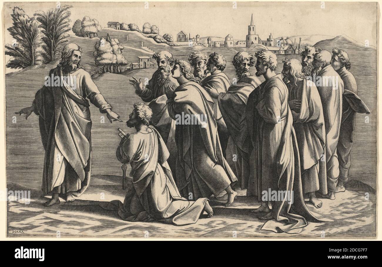 Diana Scultori, (Künstlerin), Italienisch, c. 1535 - wahrscheinlich 1588, Raphael, (Künstler nach), Marchigian, 1483 - 1520, Christus macht Sankt Peter Haupt der Kirche, Stich Stockfoto
