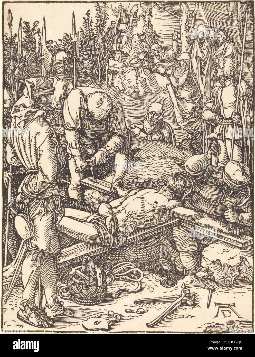Albrecht Dürer, (Künstler), Deutsch, 1471 - 1528, Christus genagelt an das Kreuz, der kleine Holzschnitt Passion, (Serie), wahrscheinlich c. 1509/1510, Holzschnitt Stockfoto