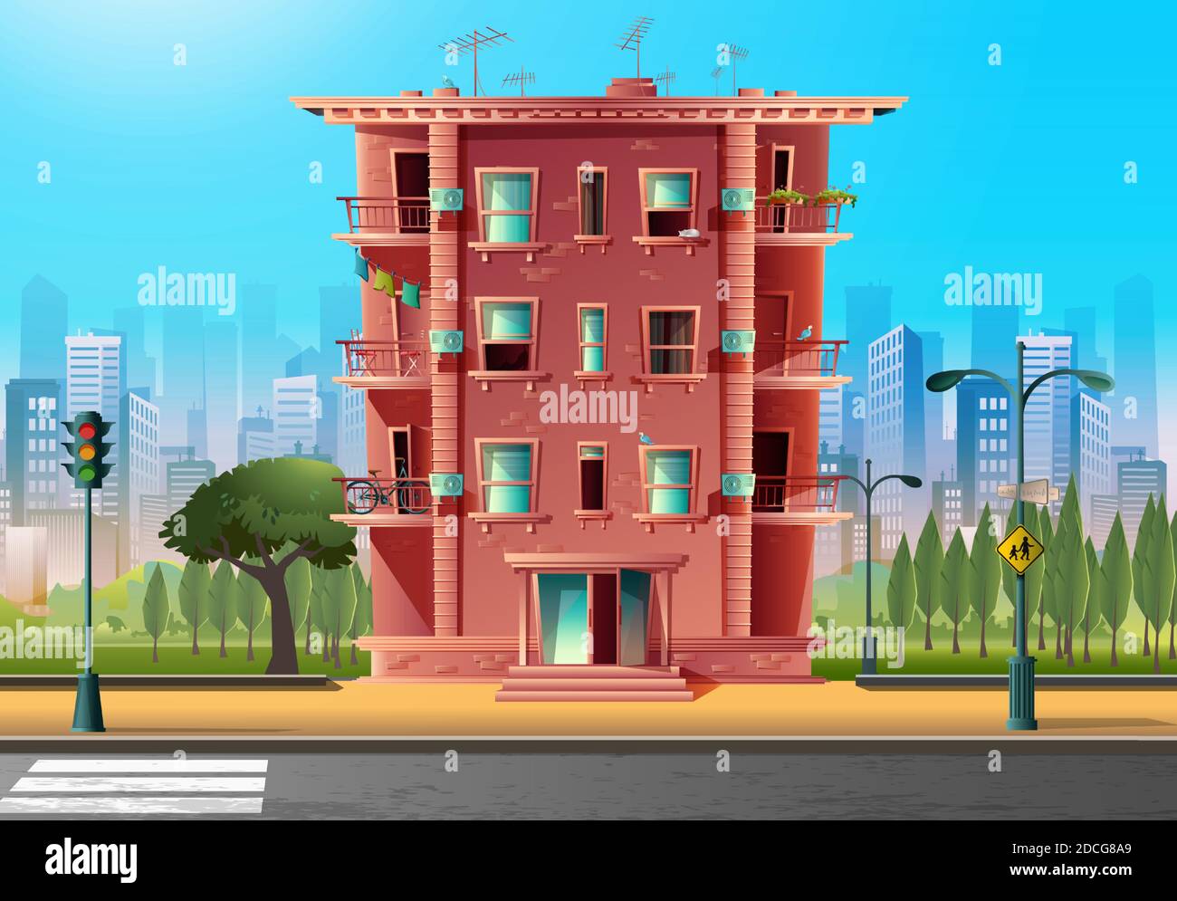 Vector Cartoon-Stil moderne mehrstöckige Gebäude, Architektur im Cartoon-Stil. Strassenkreuzung und Schulschild. Stock Vektor