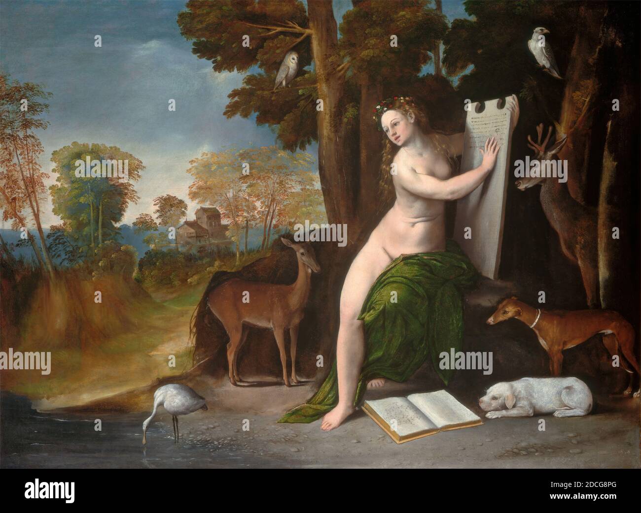 Dosso Dossi, (Künstler), Ferrarese, aktiv 1512 - 1542, Circe and her Lovers in a Landscape, c. 1525, Öl auf Leinwand, insgesamt: 100.8 x 136.1 cm (39 11/16 x 53 9/16 Zoll), gerahmt: 129.2 x 164.5 cm (50 7/8 x 64 3/4 Zoll Stockfoto