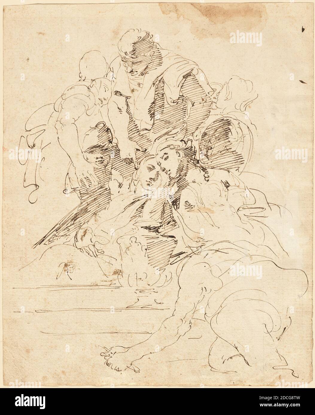 Giovanni Battista Tiepolo, (Künstler), Venetian, 1696 - 1770, um eine Urne gesammelte klassische Figuren, 1724/1729, Feder und braune Tusche auf gedeckten Papier; rückseitig schwarze Kreideskizzen, überwiegend Architektur, insgesamt: 33 x 27 cm (13 x 10 5/8 Zoll Stockfoto