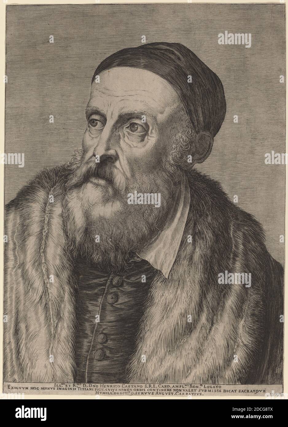 Agostino Carracci, (Künstler), Bolognese, 1557 - 1602, Tizian, (Künstler nach), Venetian, 1488/1490 - 1576, Tizian, 1587, Gravur, Blatt (auf Plattenmarke zugeschnitten): 32.9 x 23.5 cm (12 15/16 x 9 1/4 Zoll Stockfoto