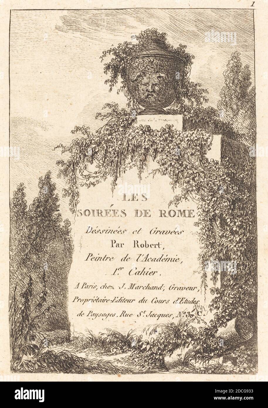 Hubert Robert, (Künstler), Französisch, 1733 - 1808, Titelseite, Les Soirees de Rome (Abende in Rom):pl.1, (Serie), Radierung Stockfoto