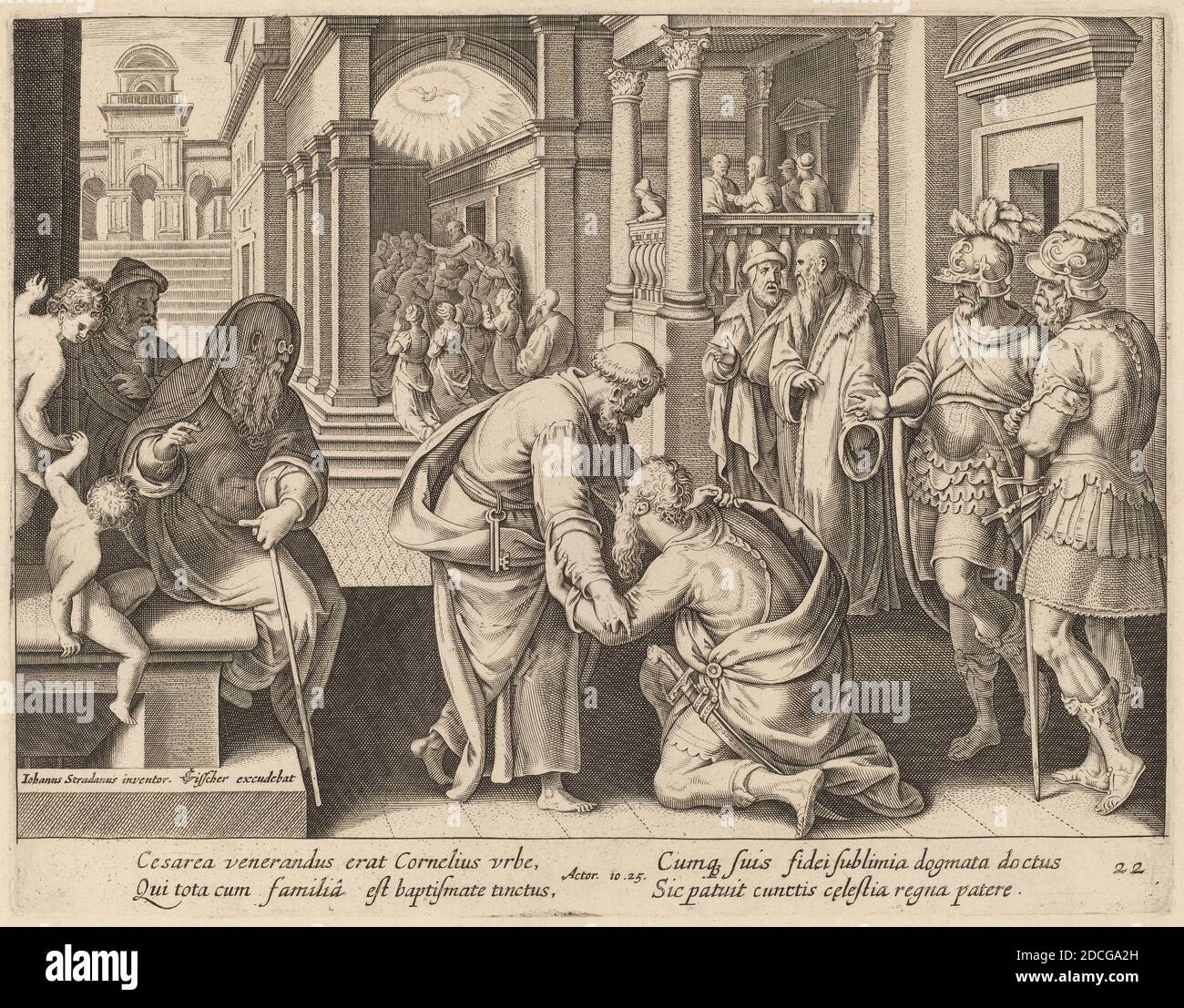Philip Galle, (Künstler), Flämisch, 1537 - 1612, Jan van der Straet, (Künstler nach), Flämisch, 1523 - 1605, Cornelius verehrt St. Peter, Apostelgeschichte, (Serie), Stich Stockfoto