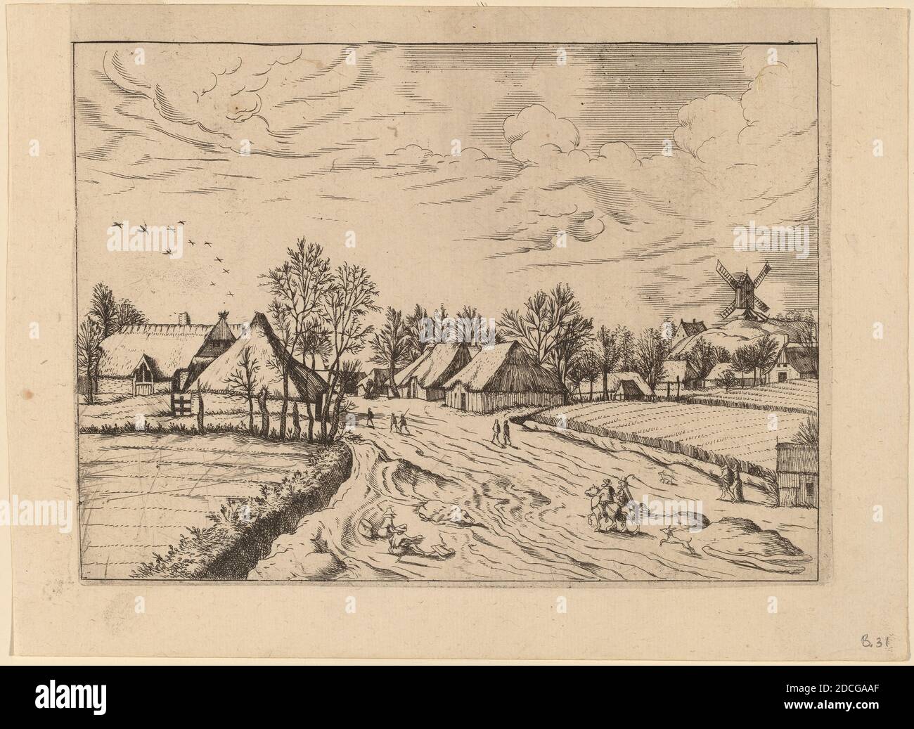 Johannes van Doetechum der Ältere, (Künstler), Holländer, gestorben 1605, Lucas van Doetechum, (Künstler), Holländer, aktiv 1554/1572; gestorben vor 1589, Meister der kleinen Landschaften, (Künstler nach), Niederlandisch, Landdorf mit Postmühle, kleine Landschaften (New Holl. 118-161), (Serie), erschienen 1559/1661, Radierung retuschiert mit Gravur Stockfoto