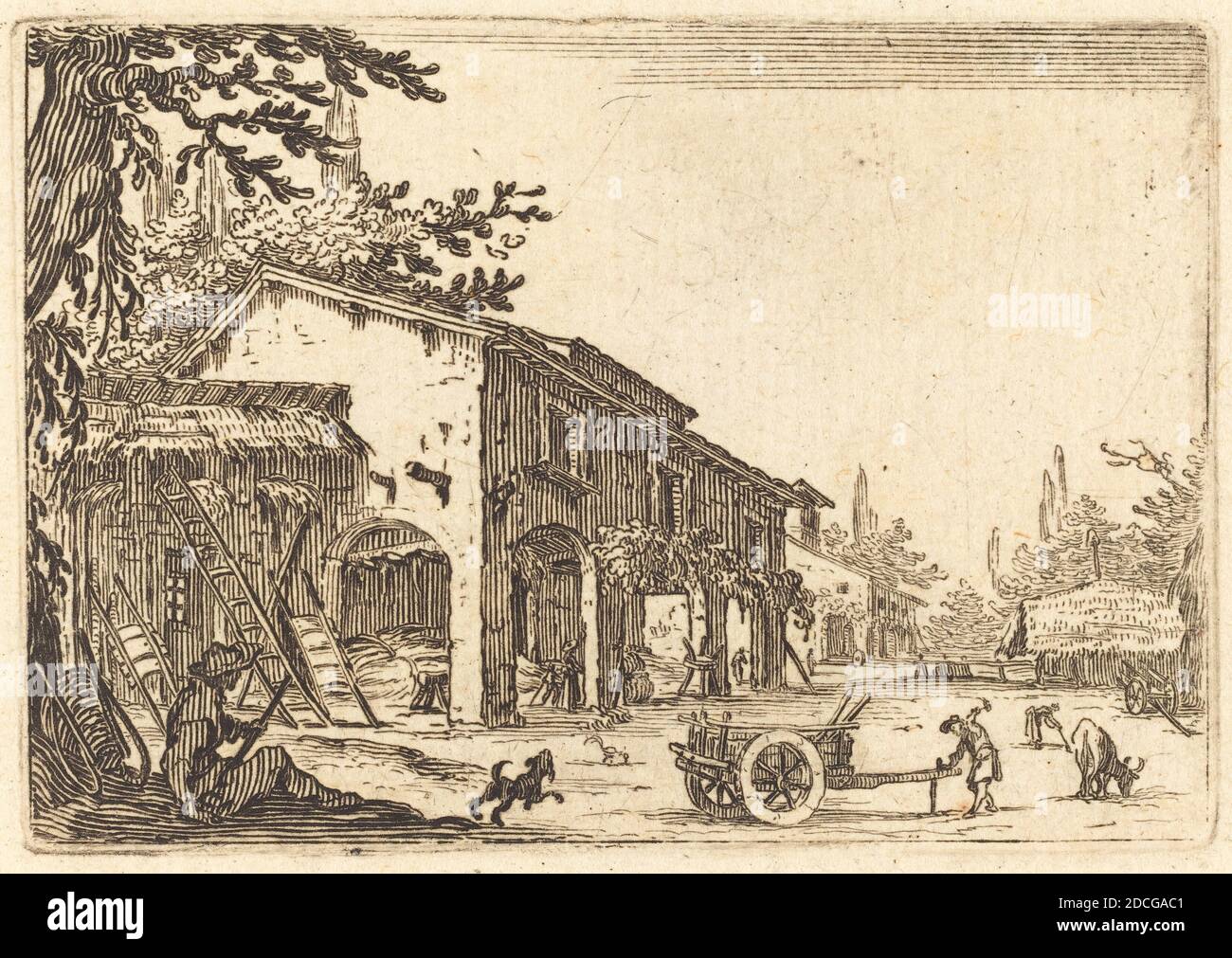 Jacques Callot, (Künstler), Französisch, 1592 - 1635, Hof einer Farm, Capricci (Nancy-Serie), (Serie), c. 1622, Ätzen Stockfoto