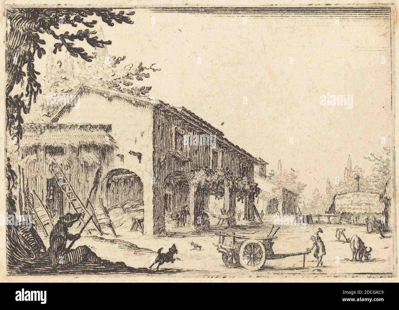 Jacques Callot, (Künstler), Französisch, 1592 - 1635, Hof eines Bauernhofes, Capricci (Florenz-Serie), (Serie), c. 1617, Ätzen Stockfoto