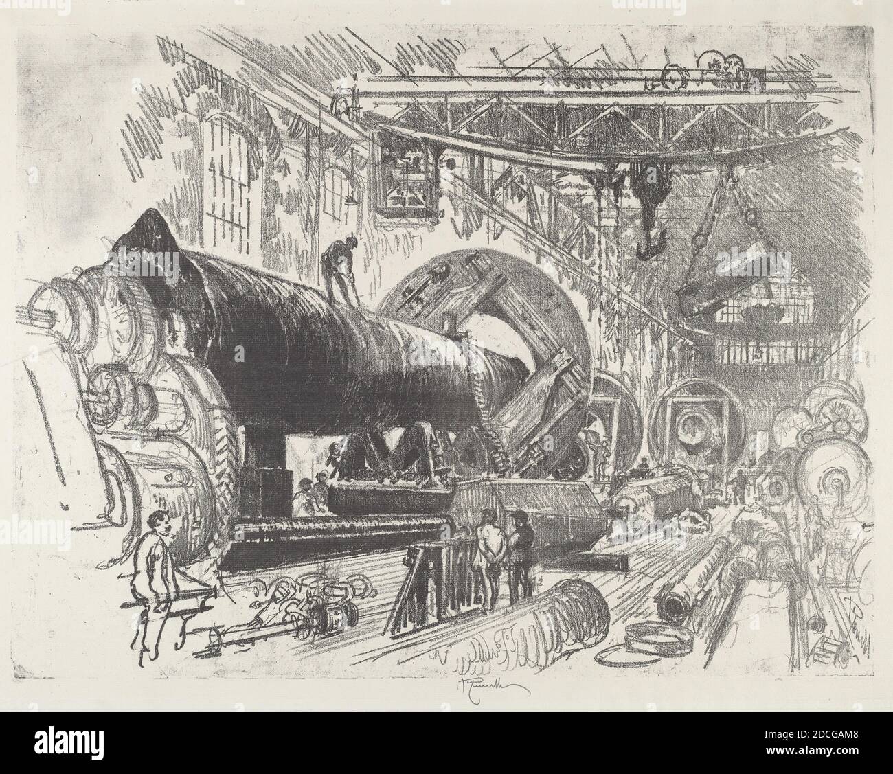 Joseph Pennell, (Künstler), Amerikaner, 1857 - 1926, Cutting and Turning a Big Gun, English war Work, (Serie), 1916, Lithographie Stockfoto