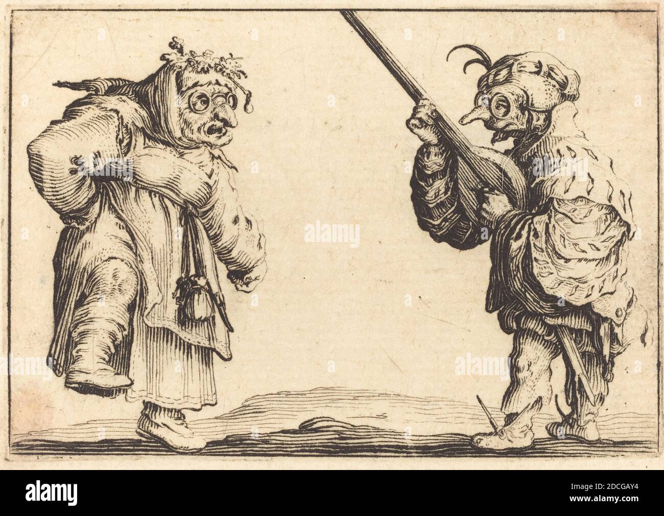 Jacques Callot, (Künstler), Französisch, 1592 - 1635, Tänzer mit Laute, Capricci (Florenz-Serie), (Serie), c. 1617, Ätzen Stockfoto