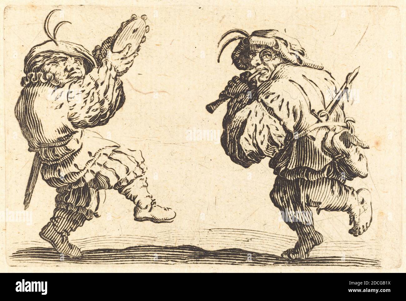 Jacques Callot, (Künstler), Französisch, 1592 - 1635, Tänzer mit Flöte und Tambourine, Capricci (Nancy-Serie), (Serie), c. 1622, Ätzen Stockfoto