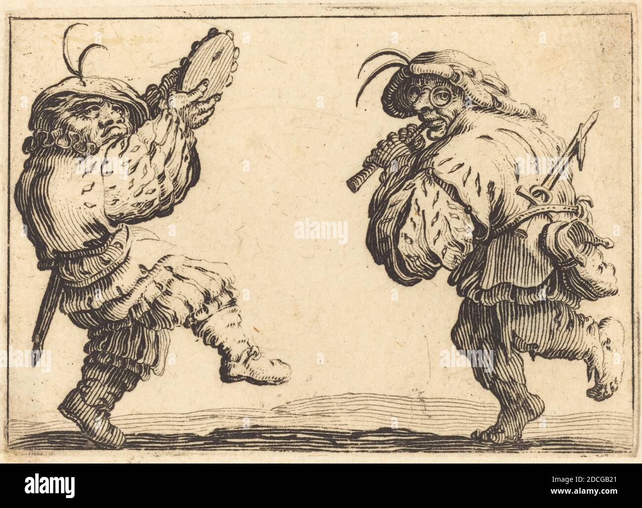Jacques Callot, (Künstler), Französisch, 1592 - 1635, Tänzer mit Flöte und Tambourine, Capricci (Florenz-Serie), (Serie), c. 1617, Ätzen Stockfoto