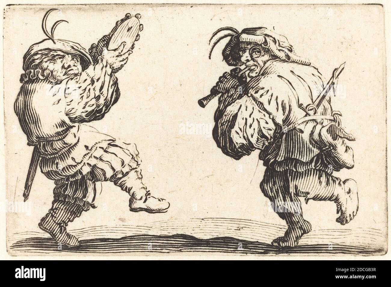 Jacques Callot, (Künstler), Französisch, 1592 - 1635, Tänzer mit Flöte und Tambourine, Capricci (Nancy-Serie), (Serie), c. 1622, Ätzen Stockfoto