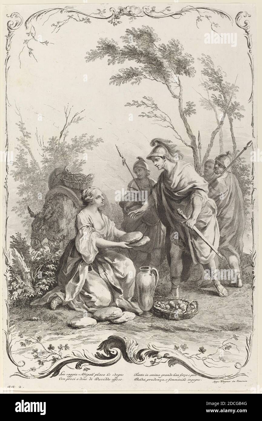 Joseph Wagner, (Verlag), deutsch, 1706 - 1780, Jacopo Amigoni, (Künstler nach), italienisch, 1675 - 1752, David und Abigail, Alte Testament Szenen, (Serie), c. 1745, Radierung und Gravur auf Papier, Blatt (auf Plattenmarke zugeschnitten): 52 x 34 cm (20 1/2 x 13 3/8 Zoll Stockfoto