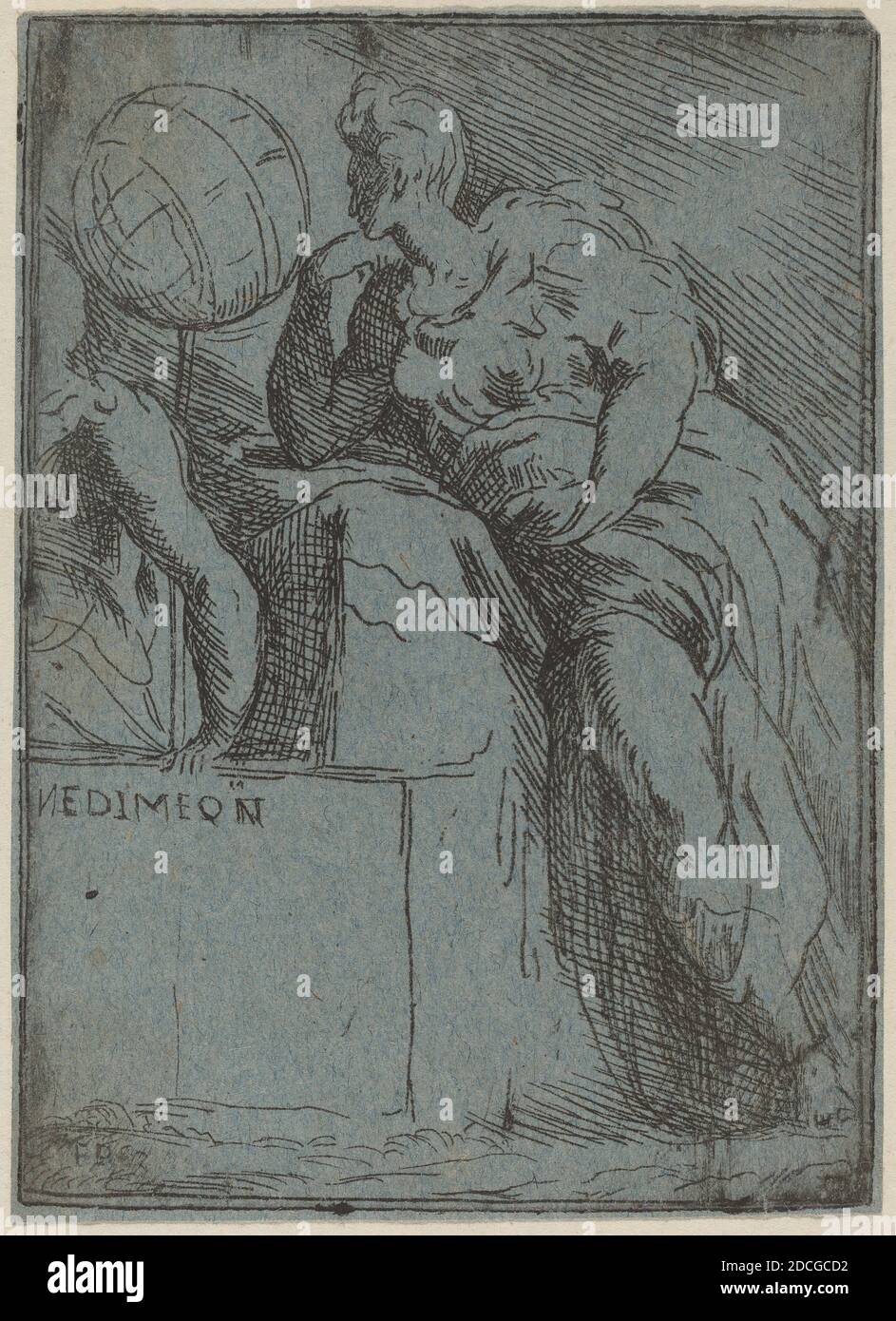 Meister F.P., (Künstler), Italienisch, aktiv Mitte des 16. Jahrhunderts, Parmigianino, (Künstler nach), Parmese, 1503 - 1540, Endymion, Radierung auf blauem Papier Stockfoto