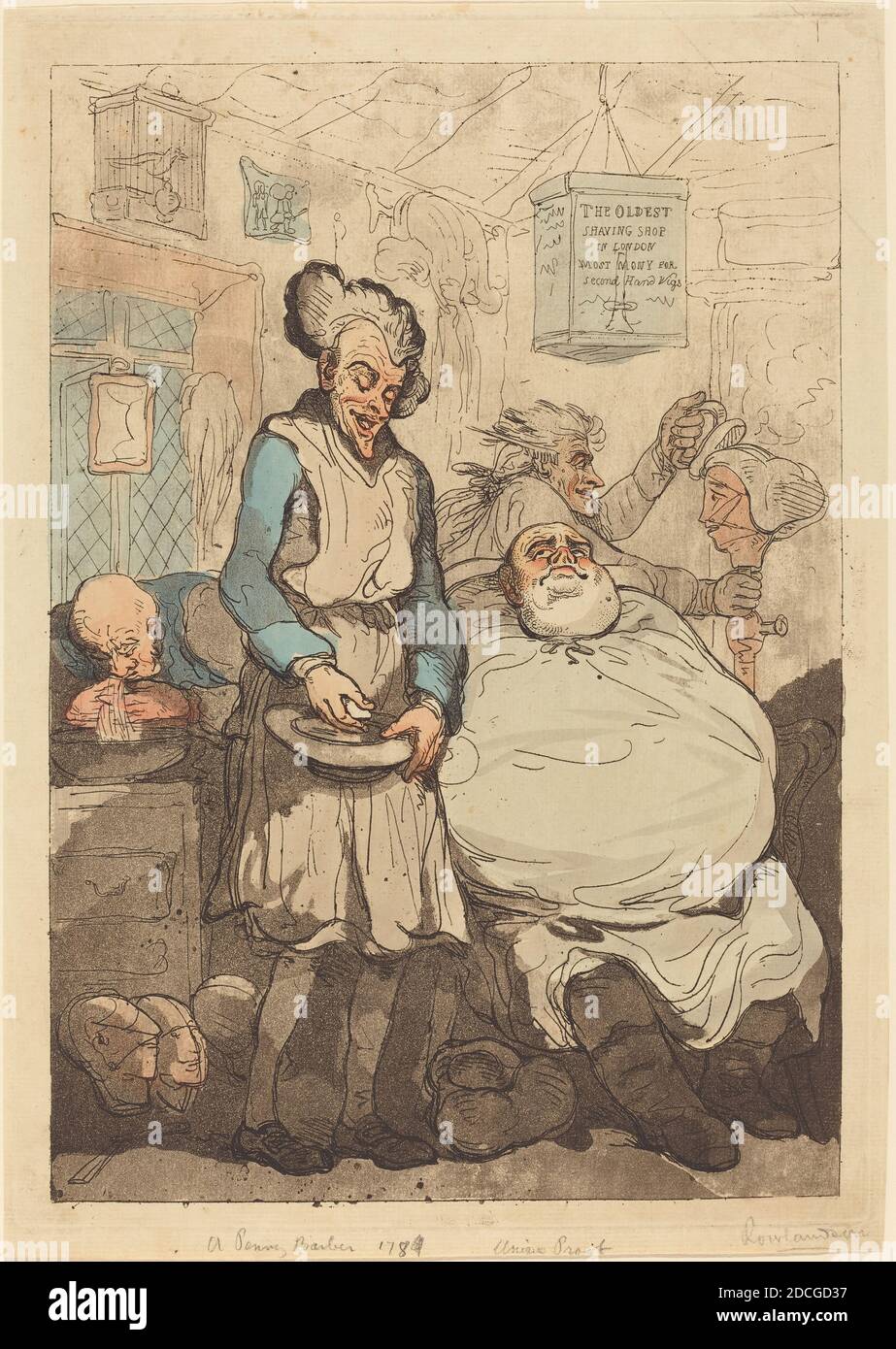 Thomas Rowlandson, (Künstler), britisch, 1756 - 1827, A Penny Barber, 1789, handkolorierte Radierung und Aquatinta Stockfoto