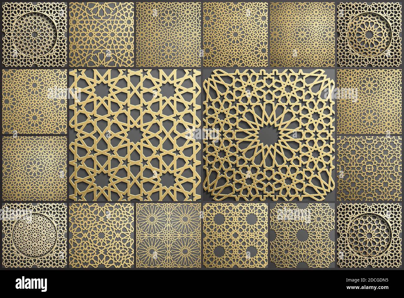 Gold islamische Kunst 3d Musterset. Muster islamisches Motiv. Ramadan Kareem Vektor. Design Ornament Ottoman muslimischen Kreis. 3D-eid-Hintergrund. Stock Vektor