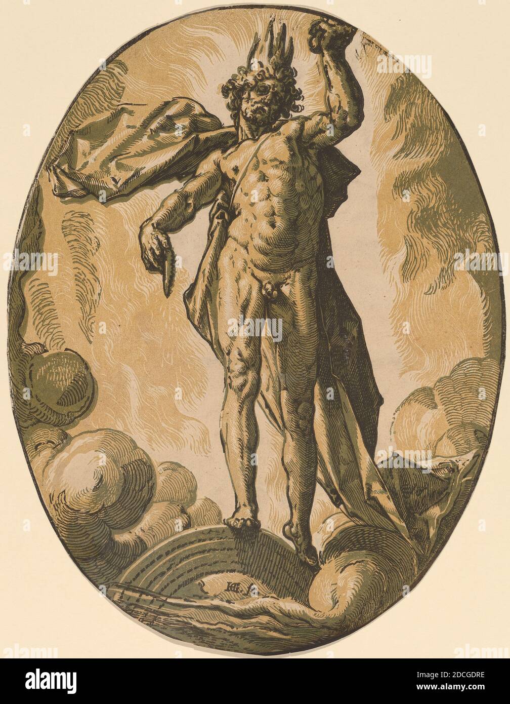 Hendrick Goltzius, (Künstler), Niederländisch, 1558 - 1617, Äther, Götter und Göttinnen, (Serie), 1588/1590, Chiaroscuro Holzschnitt in Gold, Olive und Schwarz Stockfoto