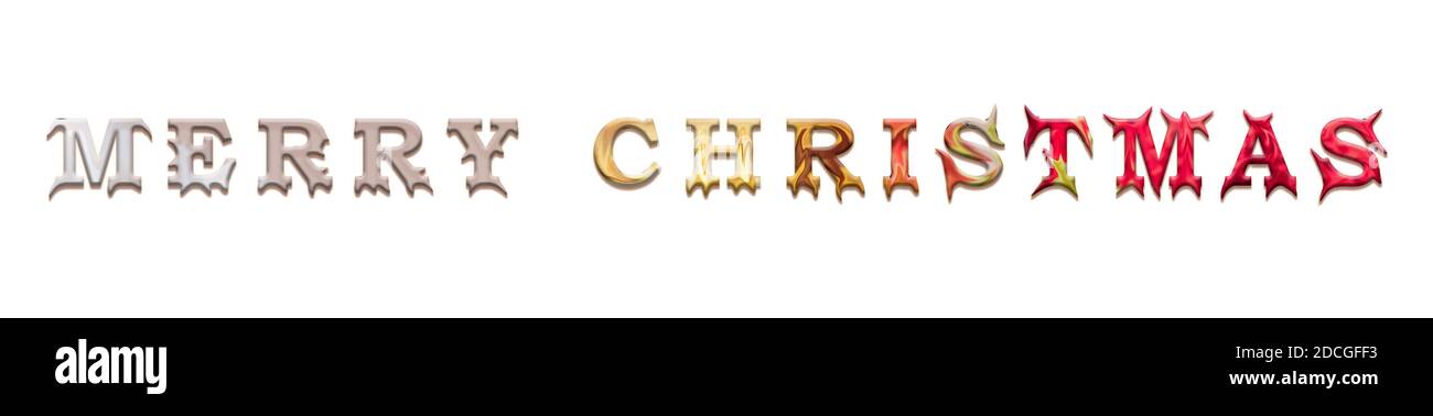 Frohe Weihnachten auf weißem Hintergrund mit Kopierplatz. Kreativer Nasslack-Schriftzug-Effekt Stockfoto