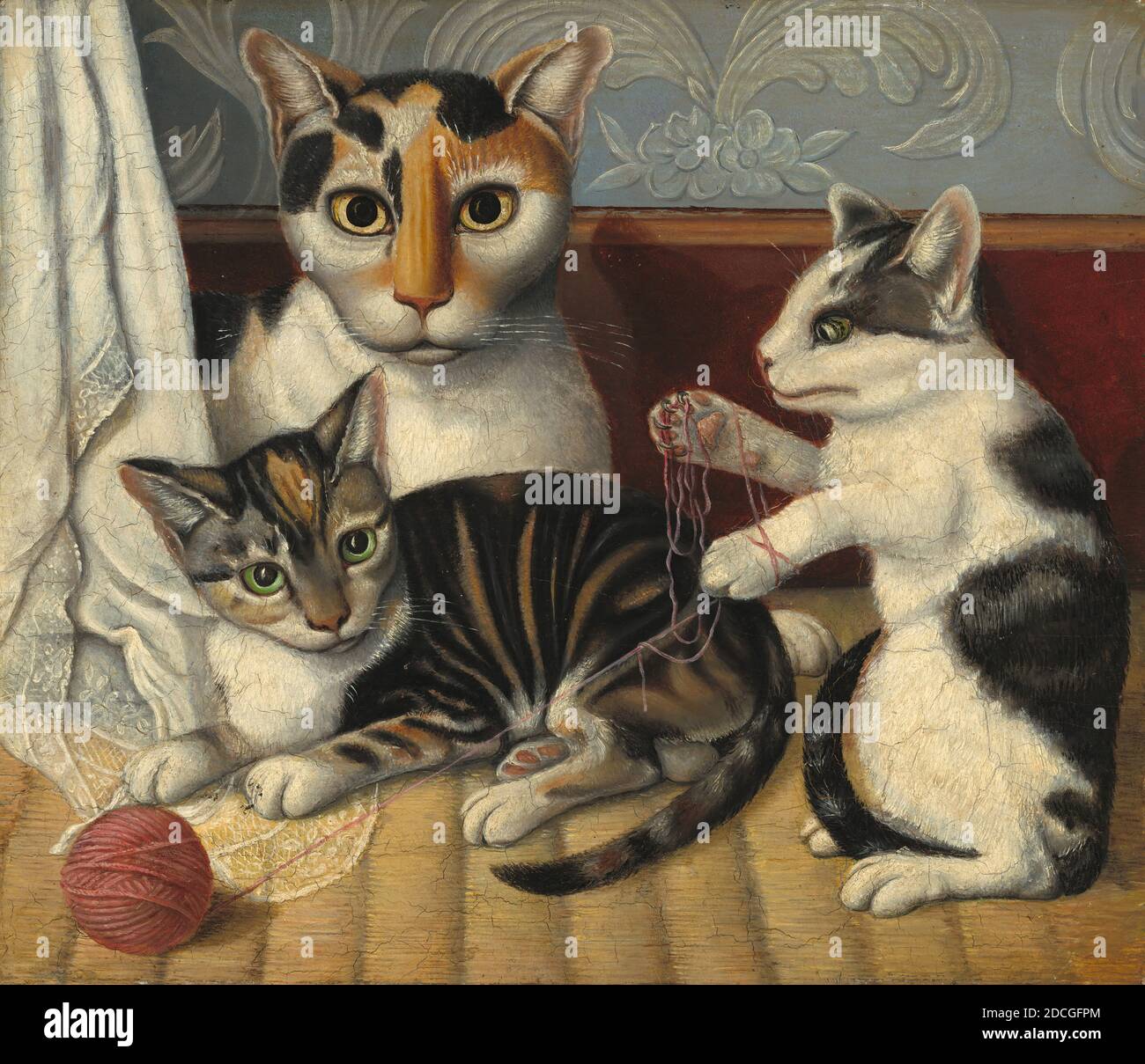 American 19th Century, (Künstler), Cat and Kittens, c. 1872/1883, Öl auf Mühlbrett, insgesamt: 30 x 34.9 cm (11 13/16 x 13 3/4 Zoll), gerahmt: 38.4 x 43.2 x 2.5 cm (15 1/8 x 17 x 1 Zoll Stockfoto