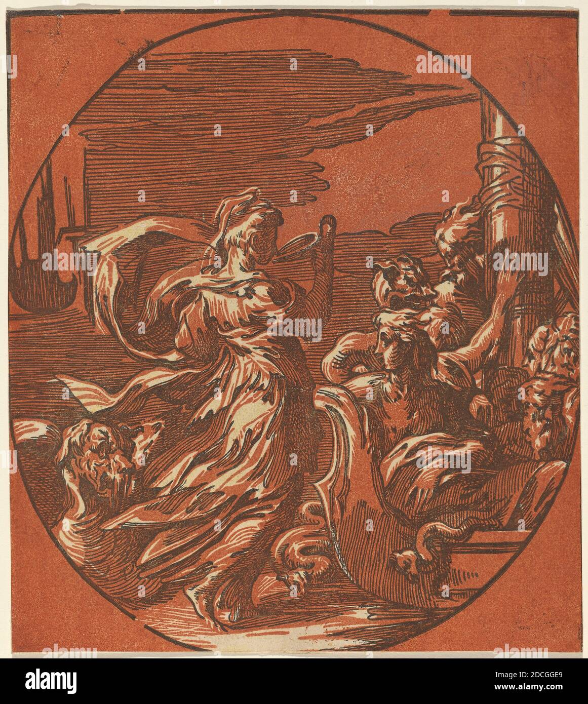 Italienisch 16. Jahrhundert, (Künstler), Parmigianino, (Künstler nach), Parmese, 1503 - 1540, Circe, Chiaroscuro Holzschnitt in verbranntem Orange und Schwarz Stockfoto