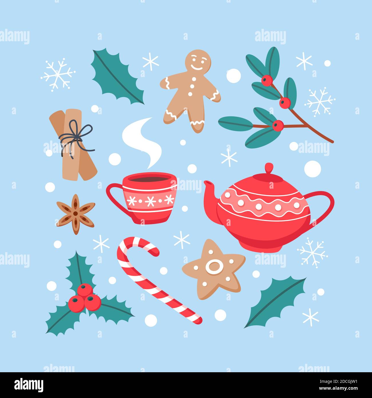 Sammlung von Weihnachtselementen, Backen und Heißgetränk, Vektor-Illustration in flachem Stil Stock Vektor