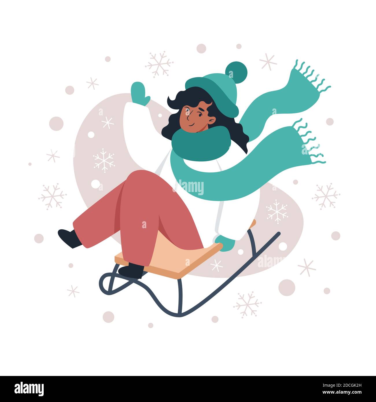 Frau Rodeln im Winter. Illustration für Weihnachten und Neujahr Karten Stock Vektor