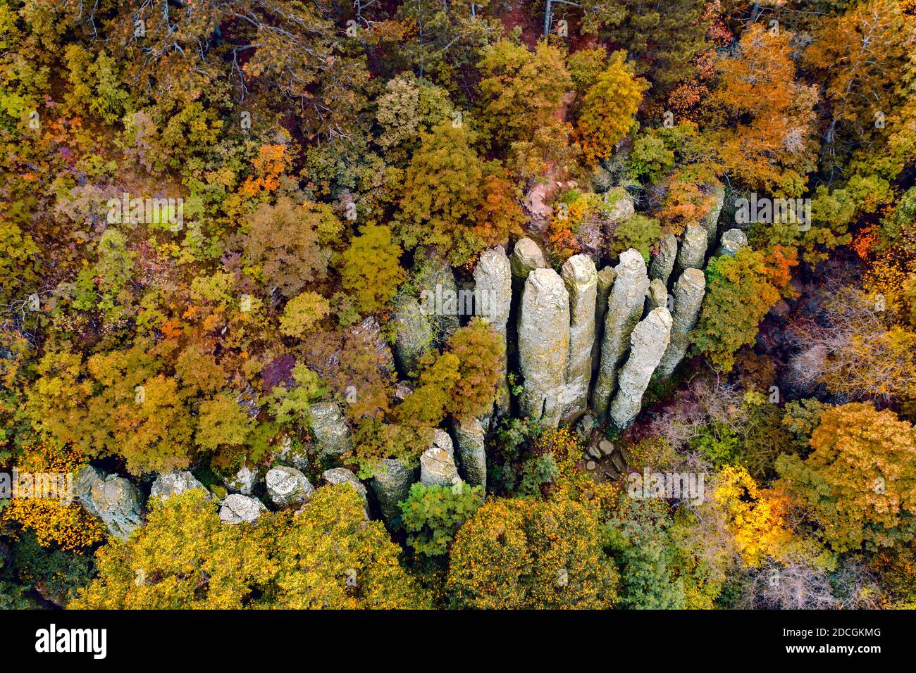 Der Saint Gerorge ist ein etwa 4 Millionen Jahre alter Vulkanhügel. Der ungarische Name ist Szent György hegy. Es gibt die ikonische riesige Basaltsäule Stockfoto