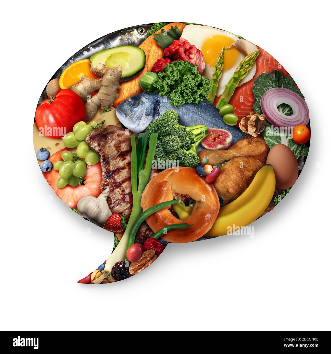 Lebensmittel-Fakten und Foodie oder Kochinformation oder ein Ernährungskonzept und Ernährungssputschen Blase mit Fleisch Fisch Obst und Gemüse. Stockfoto