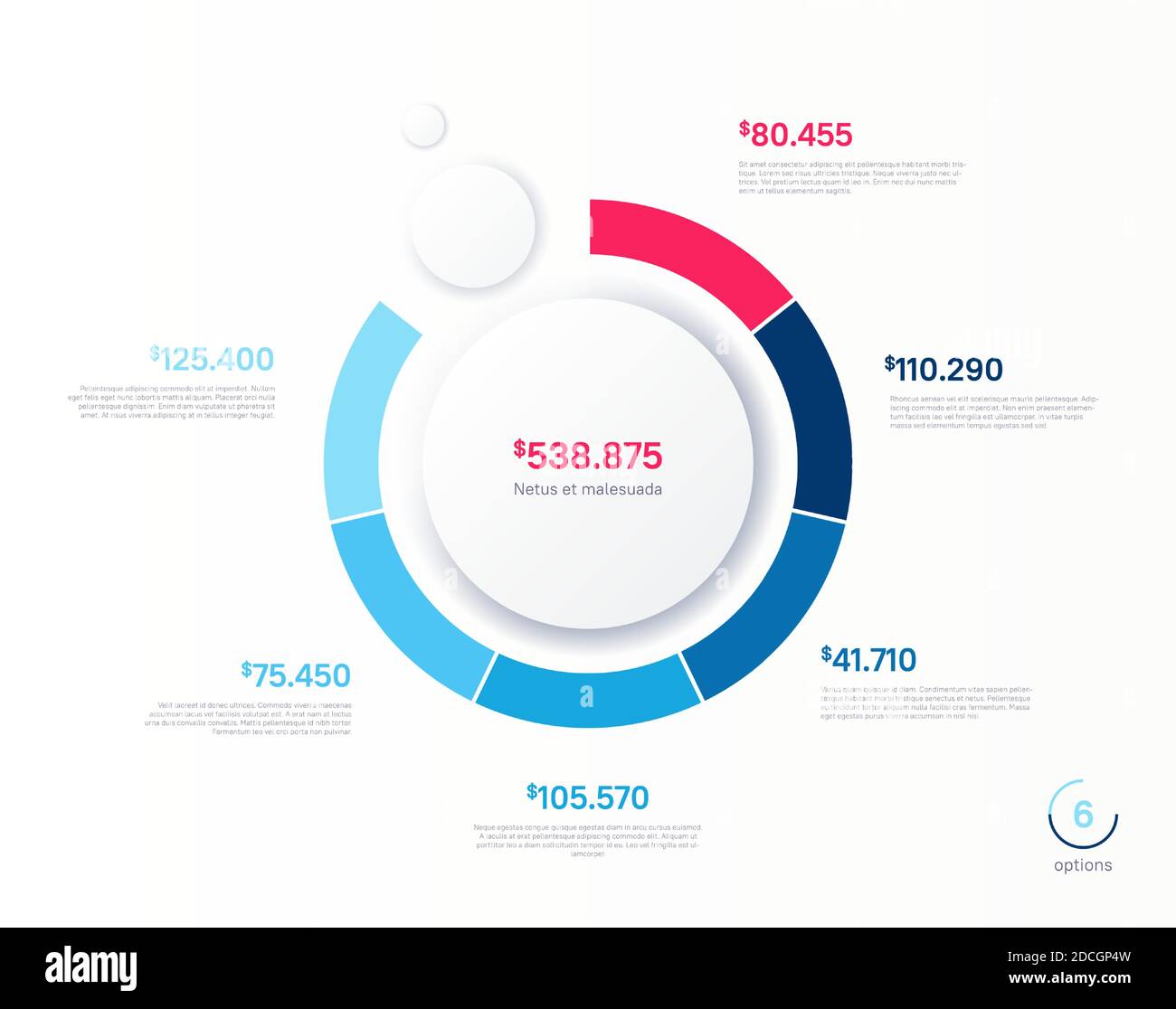 Vektor-Infografik rundes Diagramm Vorlage. Sechs Optionen, Schritte, Teile Stock Vektor