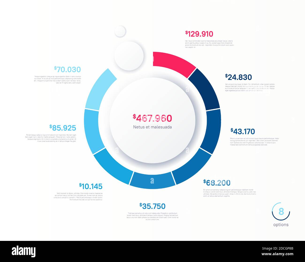 Vektor-Infografik rundes Diagramm Vorlage. Acht Optionen, Schritte, Teile Stock Vektor