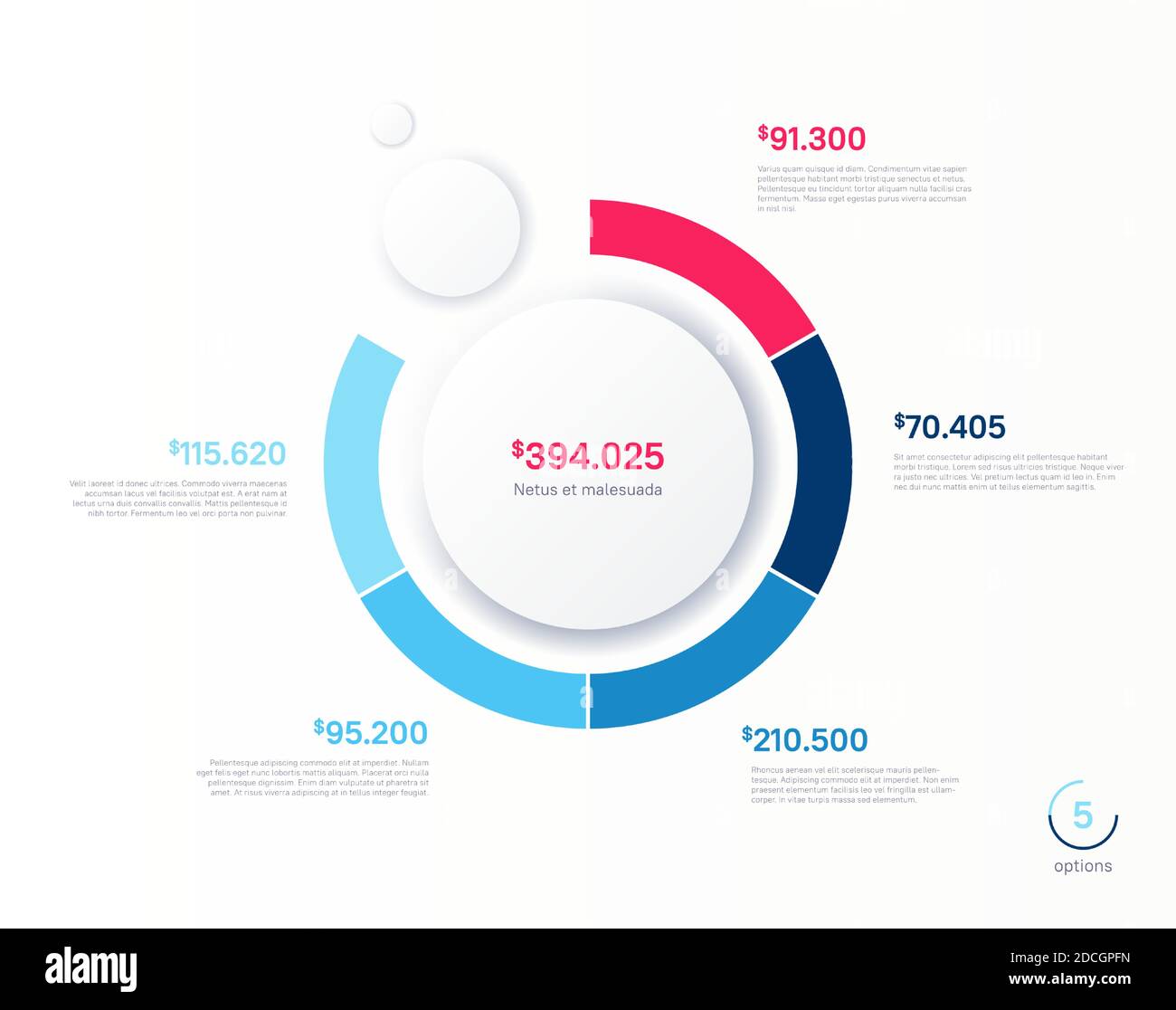 Vektor-Infografik rundes Diagramm Vorlage. Fünf Optionen, Schritte, Teile Stock Vektor