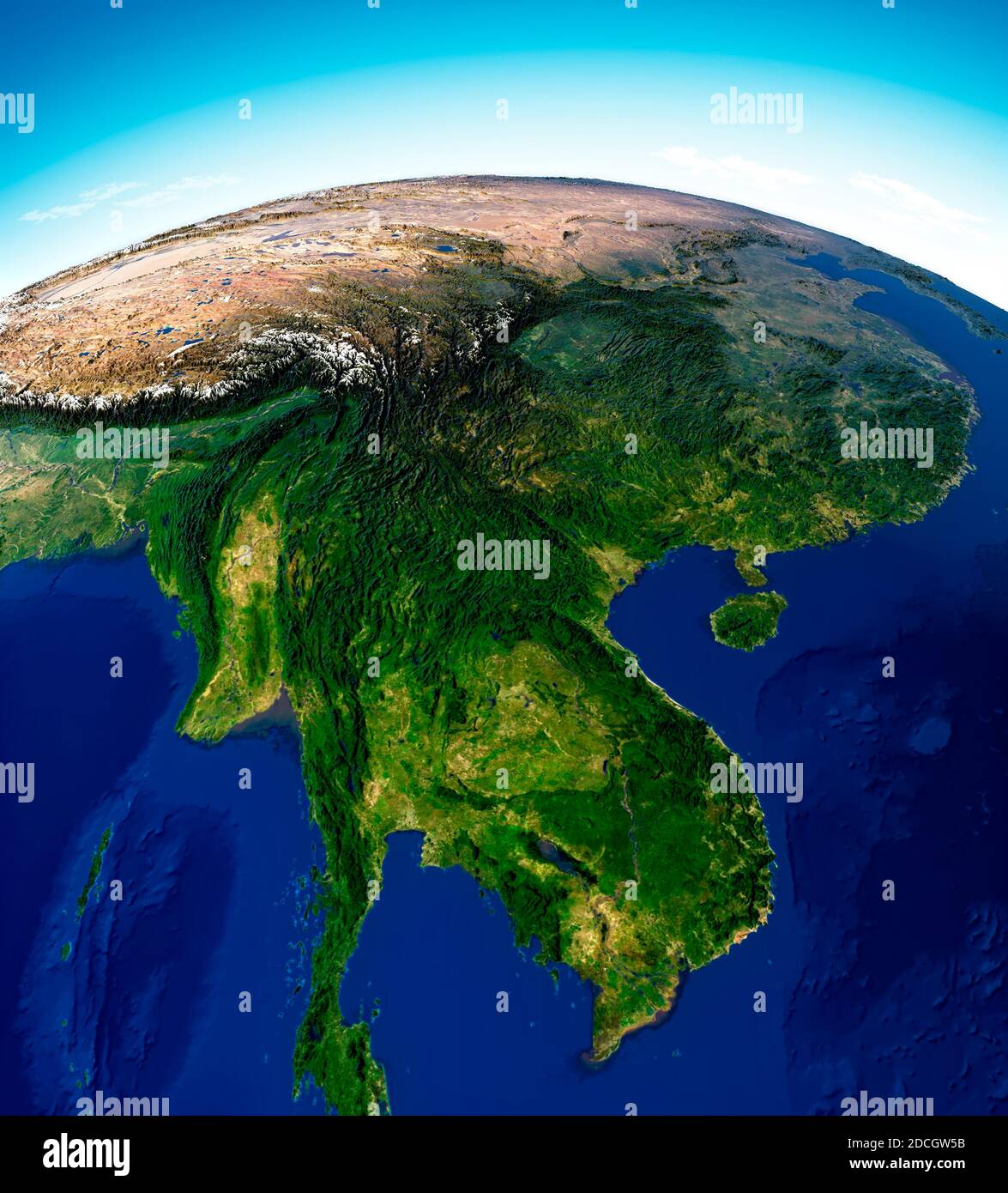 Weltkarte von Asien, Satellitenansicht, geographische Karte, Physik. Kartographie, Reliefatlas. 3d-Rendering. Thailand, Laos, Kambodscha, China Stockfoto