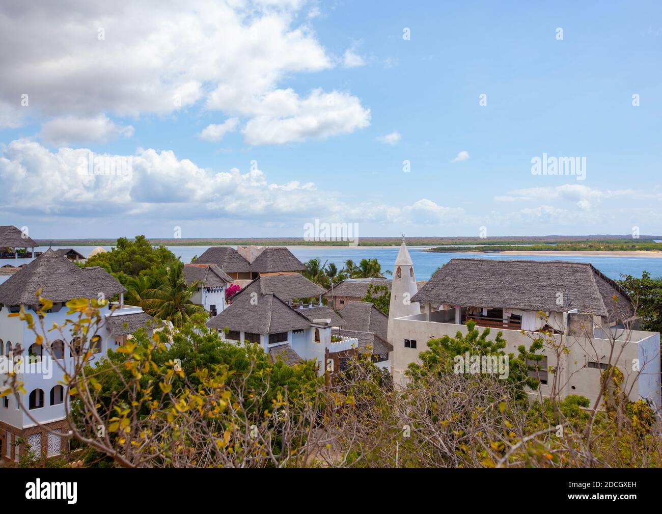 Stadthäuser aus Stein und Luxusvillen mit Strohdächern, Lamu County, Shela, Kenia Stockfoto