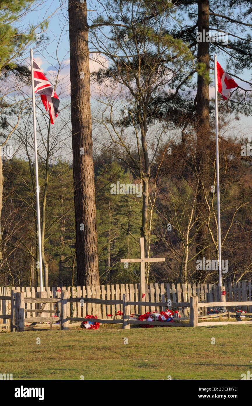 Kriegsdenkmal für die 3. Kanadische Infanterie-Division, R.C.A.S.C. Mit Union Jack Und Canadian Flags, Wooden Cross Und Mohnblumen. Mogshade Hill, New Fores Stockfoto